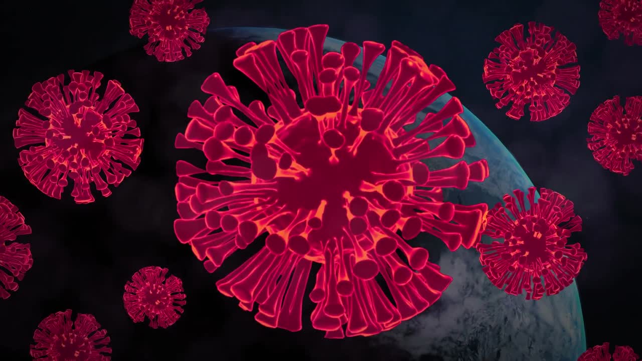 múltiples células rojas de covid-19 flotando sobre el globo giratorio contra un fondo azul