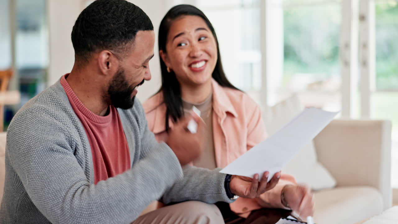 Happy couple, planning and documents for home