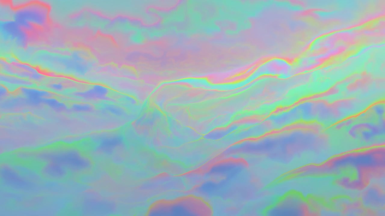 Duhová pastelová oblačná krajina s plynoucími odstíny, duhové vrstvy barev se pohybují jako tekutá obloha, vaporwave.