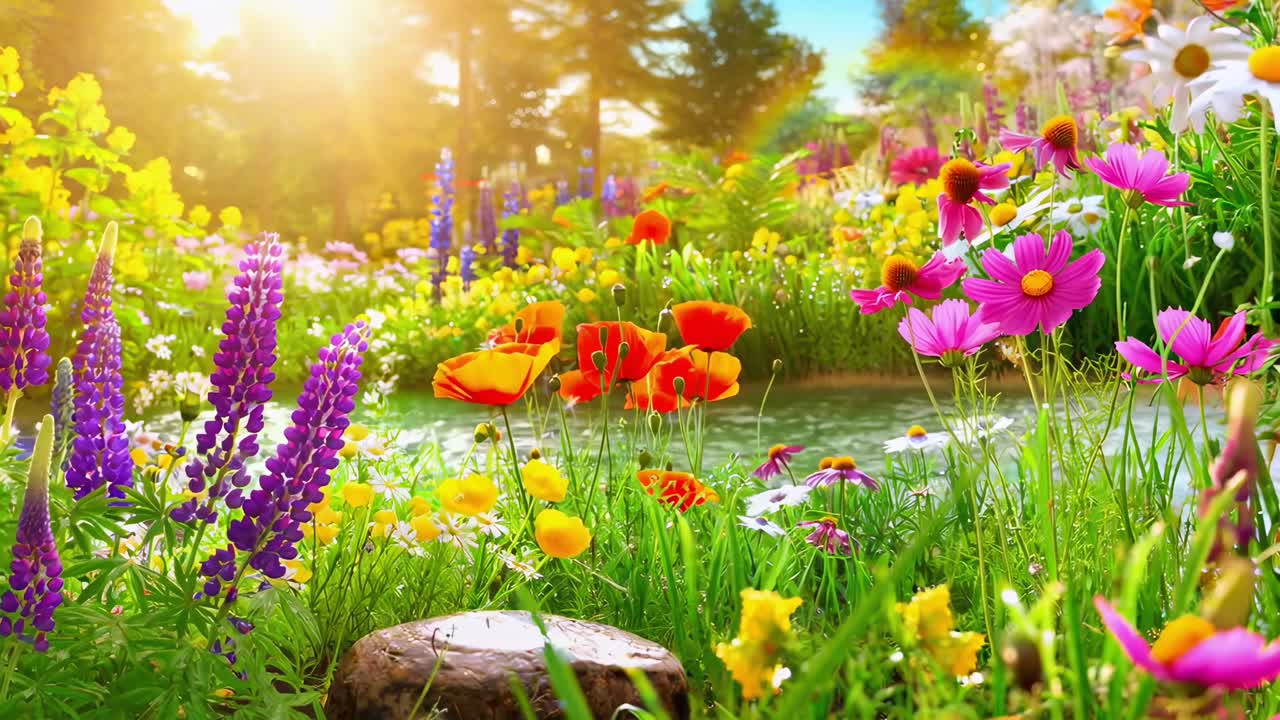Vibrant garden scene with flowers in full bloom, captured at eye level Ideal for a nature video