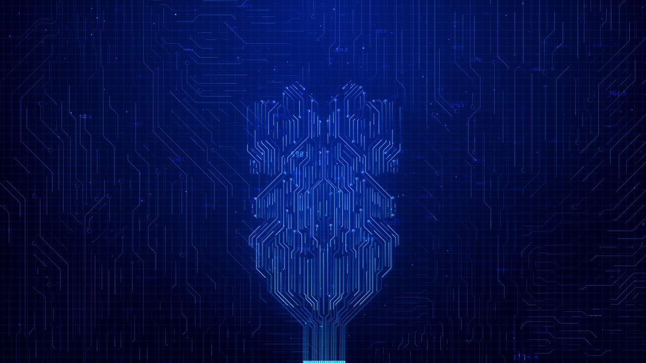 Digital circuit grid illuminated binary number pattern symbolizing flow of data futuristic ai