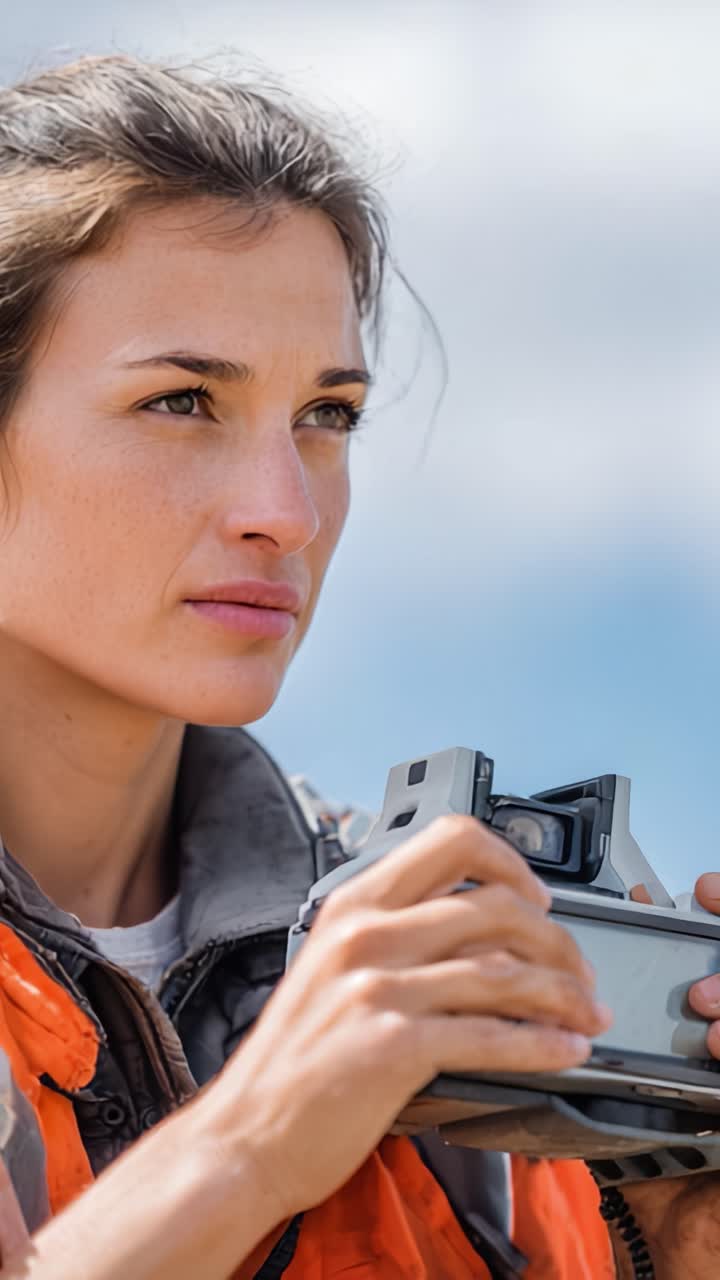 Concentrated Female Photographer Capturing Nature's Beauty with Vintage Camera Amidst a Scenic Outdoor Environment, Showcasing Passion for Photography