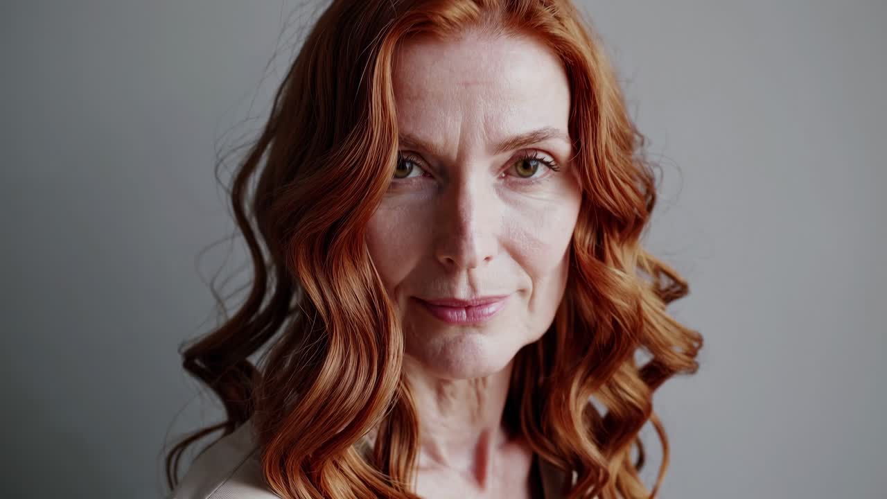 рыжая зрелая женщина позирует перед камерой на сером фоне, меняя выражение лица с серьезного на улыбающееся и закрывая глаза