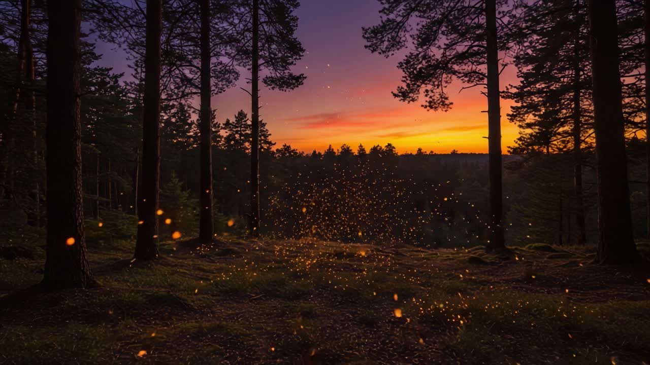 A Beautiful Sunset Over a Forest Landscape with Sparkling Lights, Casting a Magical Glow in the Air and Enhancing the Natural Beauty of the Surroundings