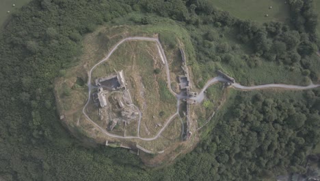 topdown of dunamase castle surrounded by densely forest hill near portlaoise town, county laois in ireland