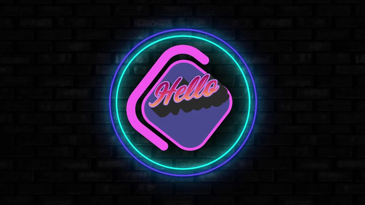 animación del texto de saludo sobre forma de diamante púrpura con pared de ladrillo negro en el fondo