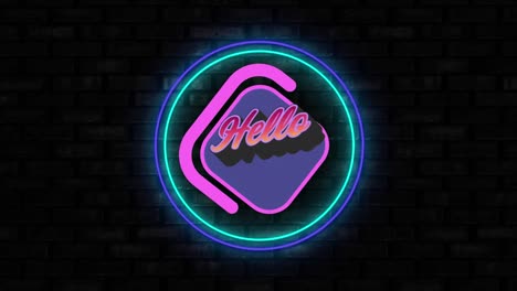 Animation-of-hello-text-over-purple-diamond-shape-with-black-brick-wall-in-background