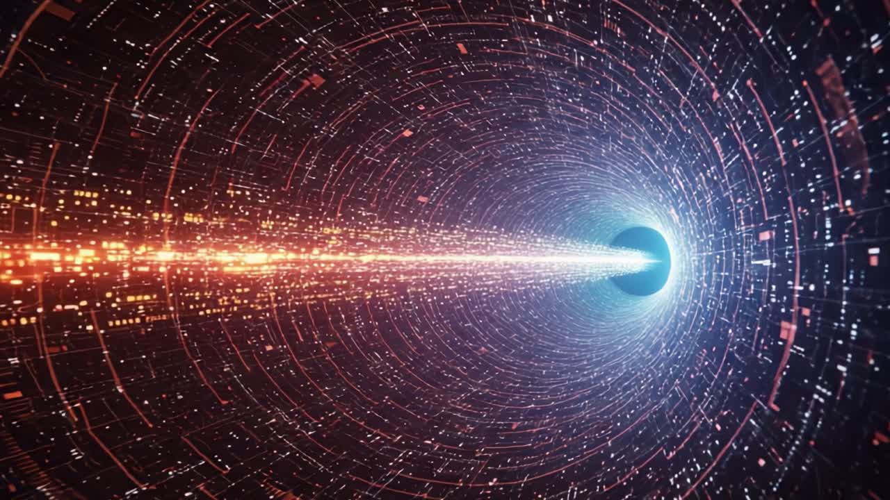 A mesmerizing visual representation of a black hole, showcasing the swirling data stream and vibrant particles that create a cosmic tunnel into the unknown depths of space