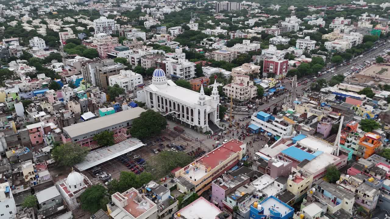 Overhead shot of Elliots Beach area with people at Besant Nagar near catholic church