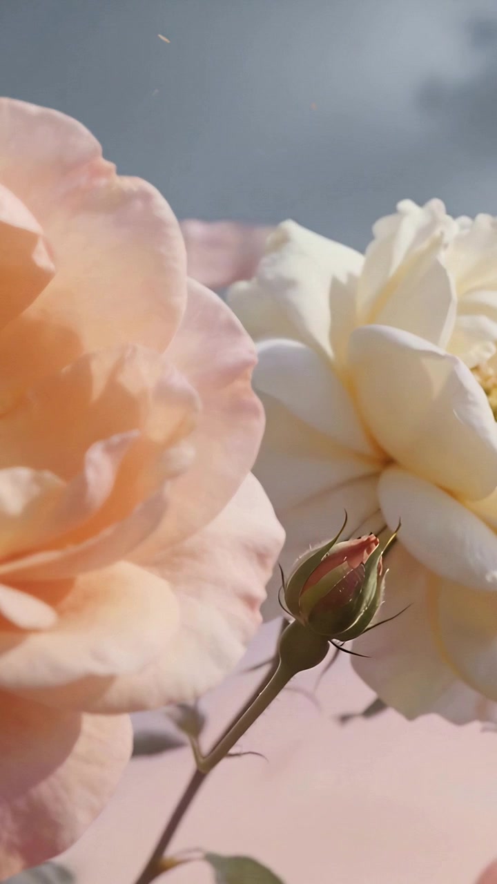 Video verticale: Rosa color pesca che perde i petali e ondeggia al vento in giardino, con un bocciolo di rosa color crema.