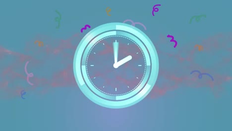 Animación-De-Escáner-Con-Esfera-De-Reloj-Sobre-Vapor-Rosa-Y-Garabatos-Sobre-Fondo-Azul