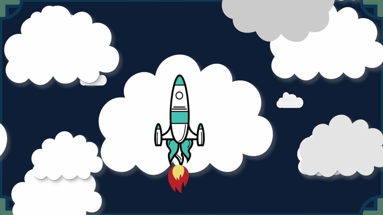 animación de un cohete volando sobre las nubes contra un fondo negro