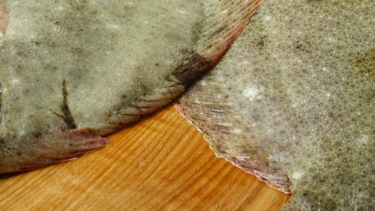 Cá bơn trên thớt. Quay trong chuyển động.
