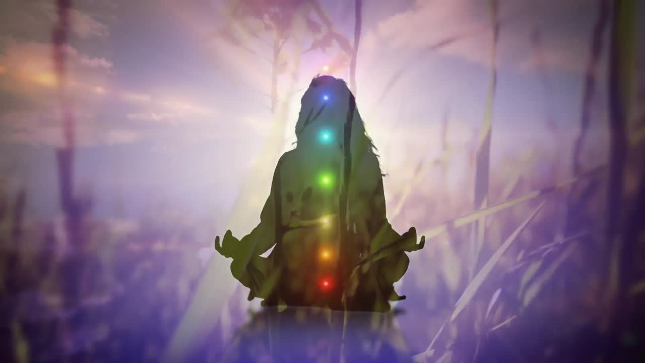 mujer meditando y chakras de colores