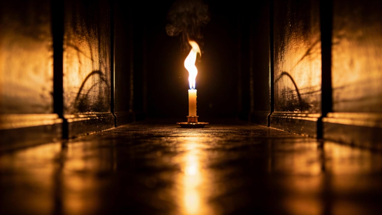 Fiamma tremolante di una candela a cono che si allunga e si contorce a causa di una corrente d'aria in un'alcova fioca, riflettendosi sul pavimento.
