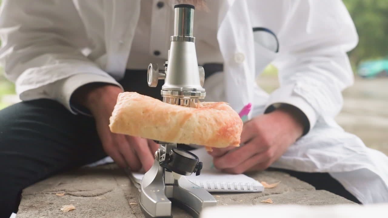 Close up view of biologist in white coat outdoors carefully studying pastry with magnifying glass before observing through microscope while jotting notes, reflecting curiosity, focus