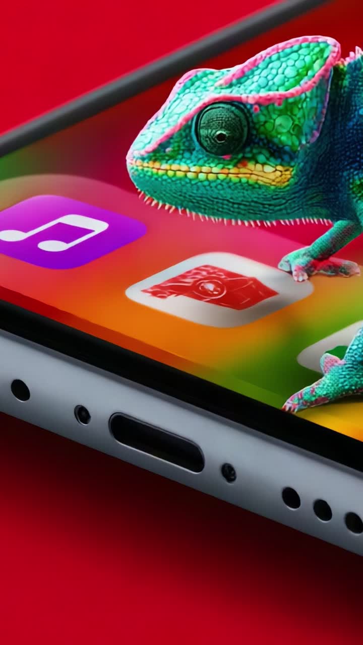 A Vibrant Chameleon Graces the Screen of a Smartphone, Displaying Colorful Icons and Textures, Showcasing a Unique Blend of Nature and Technology in a Strikingly Visual Representation