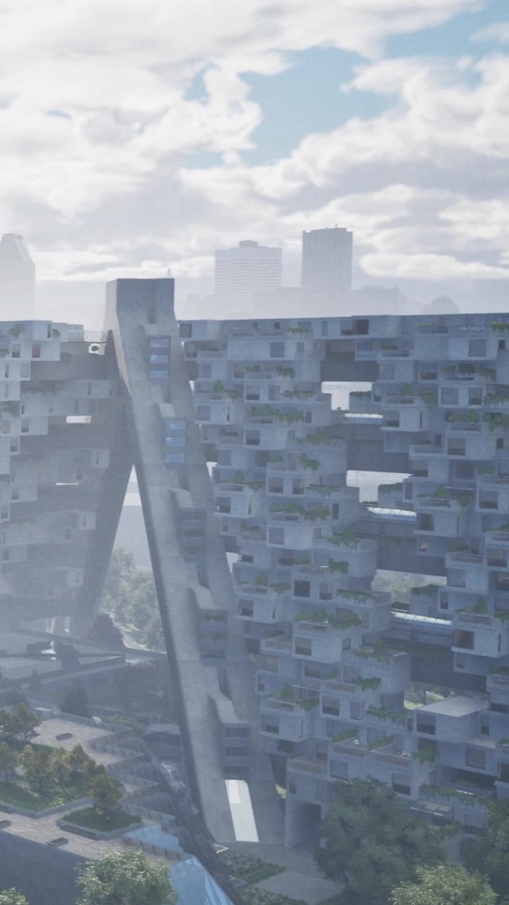 Un edificio moderno se alza en una ciudad con niebla a la luz de la mañana.