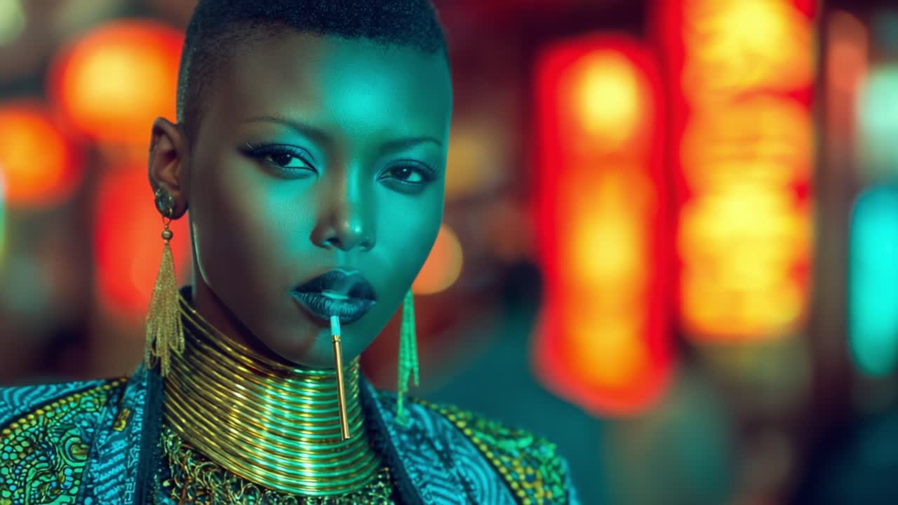 Captivating Portrait of a Stylish Individual with Bold Accessories and Distinctive Makeup Against a Vivid Urban Background, Evoking a Sense of Mystery and Culture