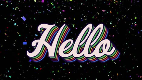 animación de hello sobre confeti cayendo sobre un fondo negro