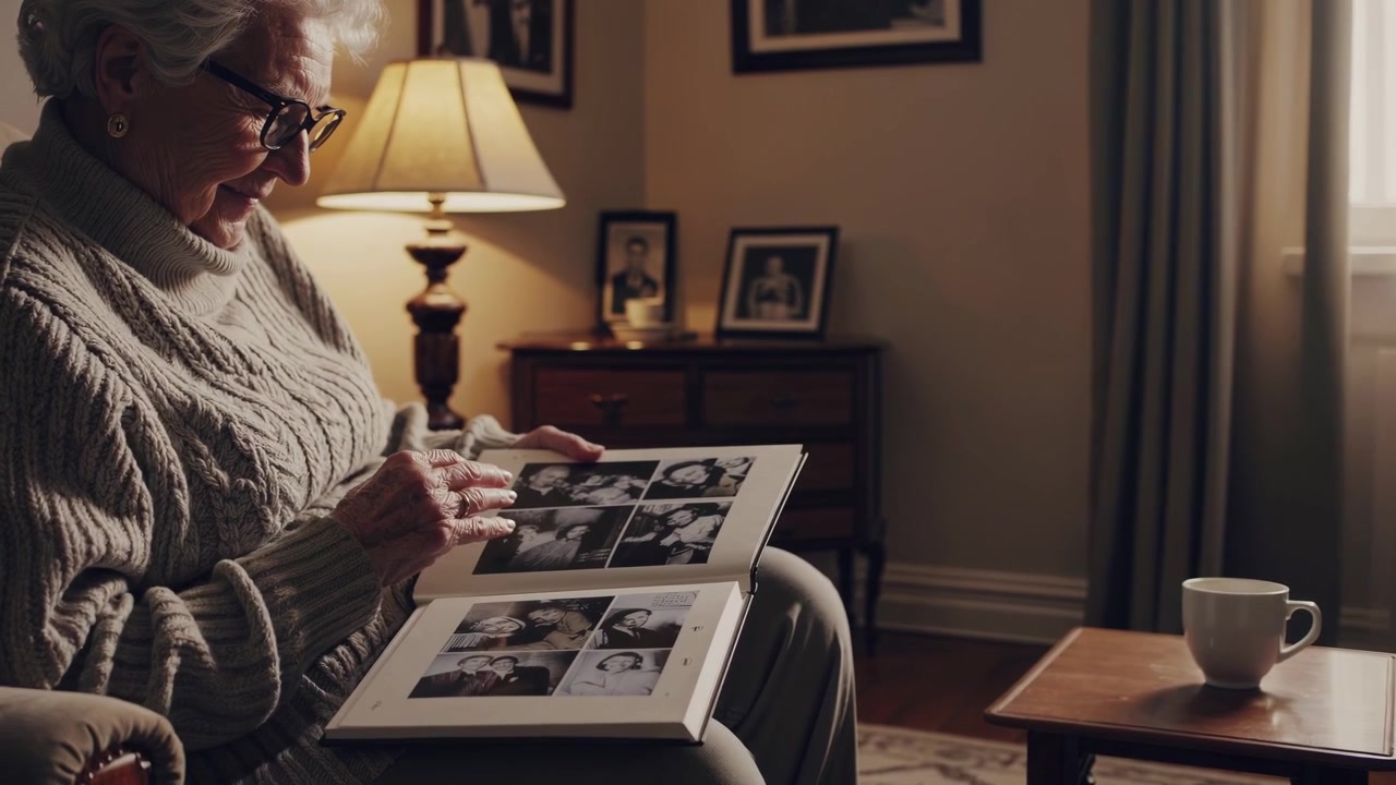 Elderly Woman Looking Through a Photo Album at Home