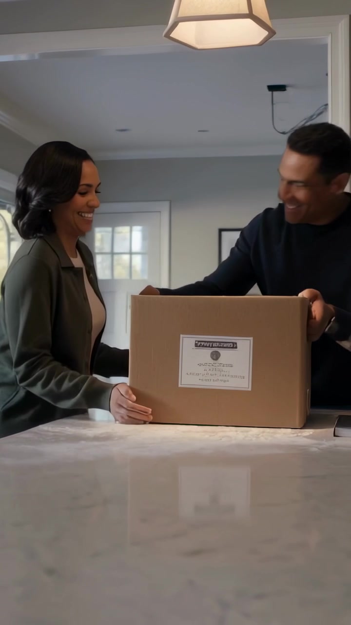 Vertical video: Entering home after delivery, couple carrying labeled box to island, lowering box