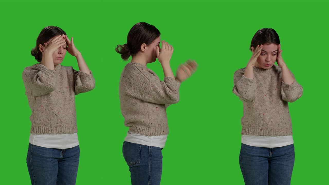 Woman Experiencing Headache and Stress on Green Screen