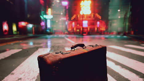 a vintage suitcase sits on a wet street in a cyberpunk city, with neon lights illuminating the background.