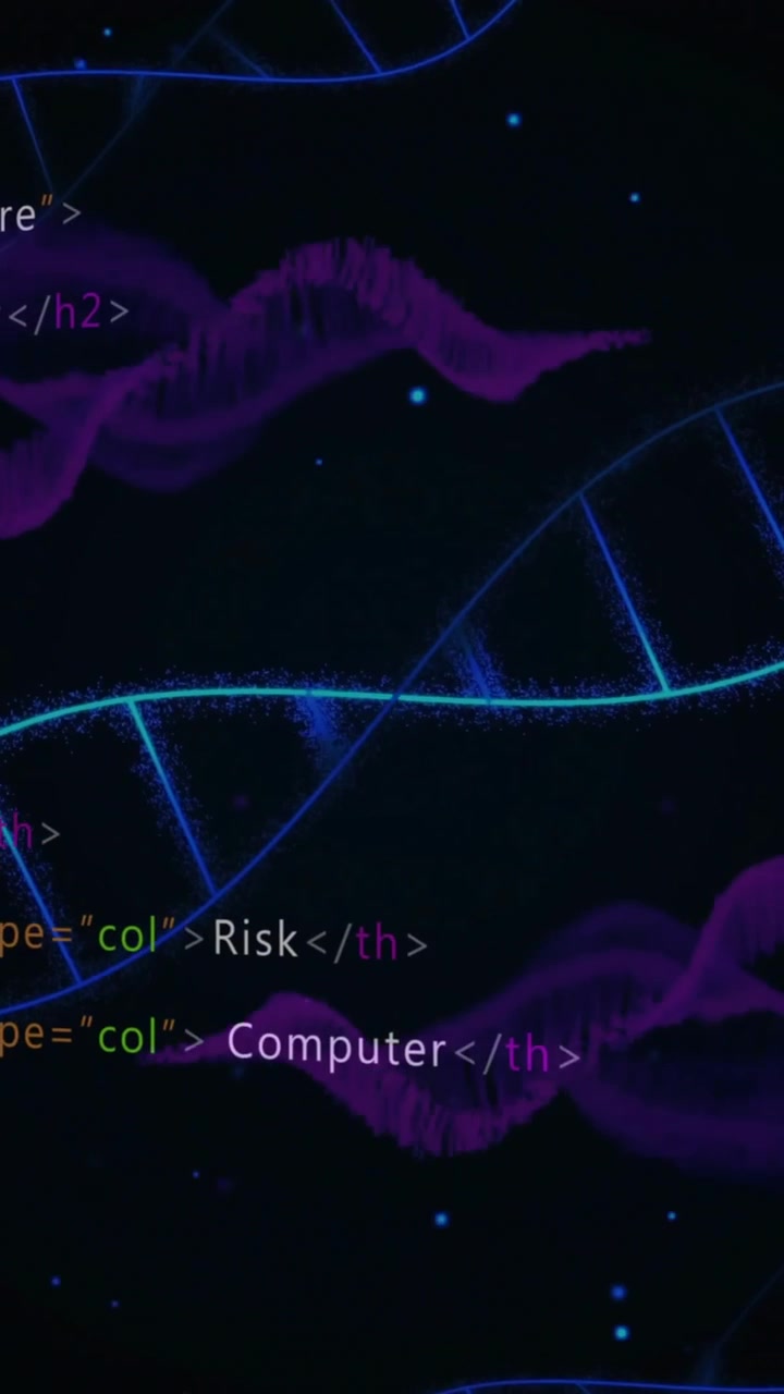 DNA strands and HTML code over digital data visualization