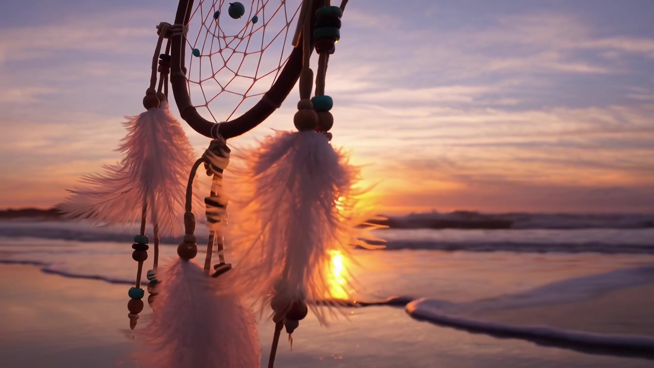 Acchiappasogni che ondeggia dolcemente su una spiaggia al tramonto
