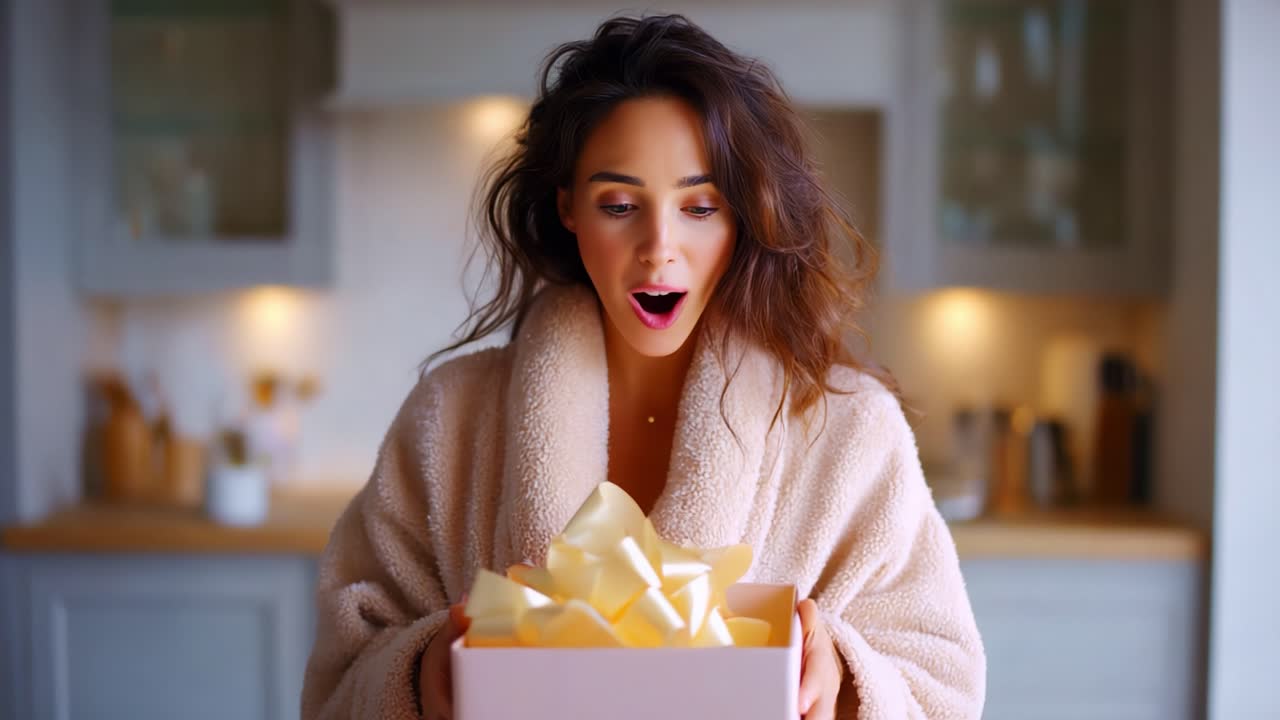 A Woman's Delight: Capturing the Joyful Moment of Unwrapping a Surprise Gift in a Cozy Setting, Revealing Genuine Excitement and Happiness in Her Expression