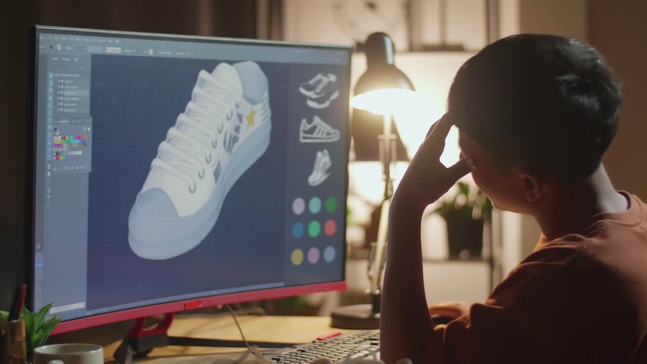 persona diseñando zapatos en una computadora por la noche.