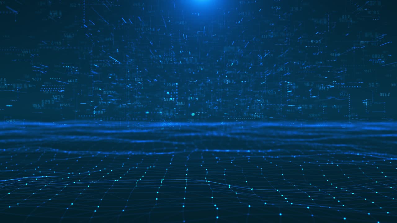 Futuristisk animasjon med et digitalt plexus-rutenett, flytende tall, symboler og datapunkter for koding av partikler.