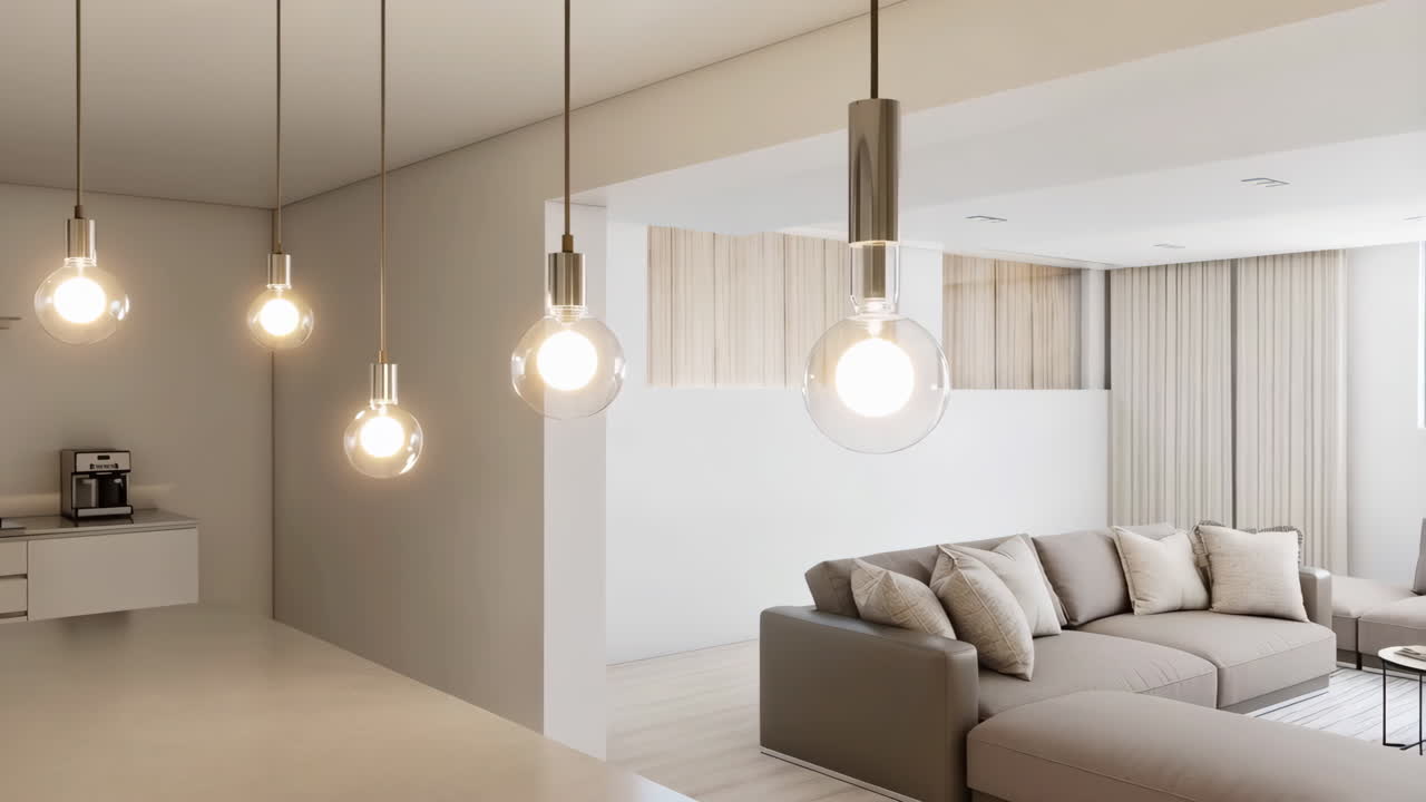 Modern Living Room and Kitchen with Spherical Pendant Lights