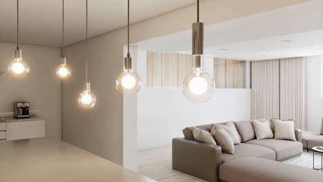 modern living room and kitchen with spherical pendant lights