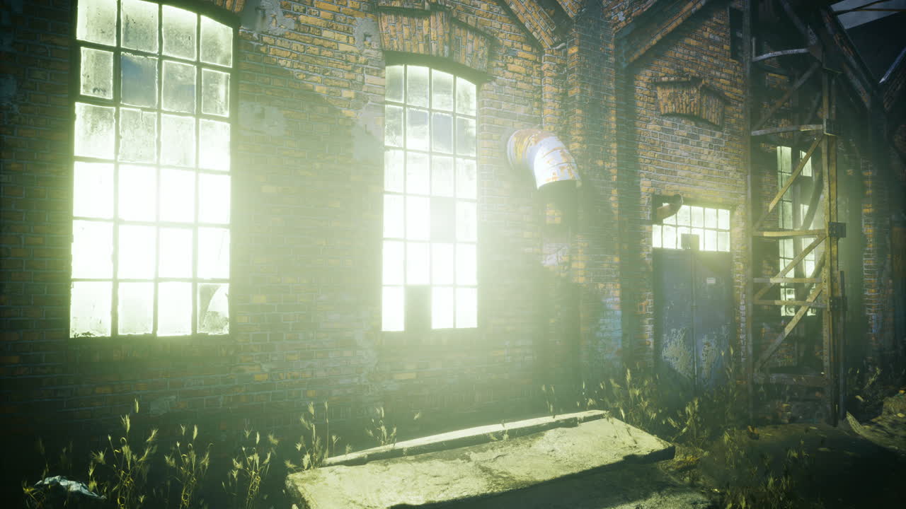 Abandoned industrial building illuminated by foggy light at dusk