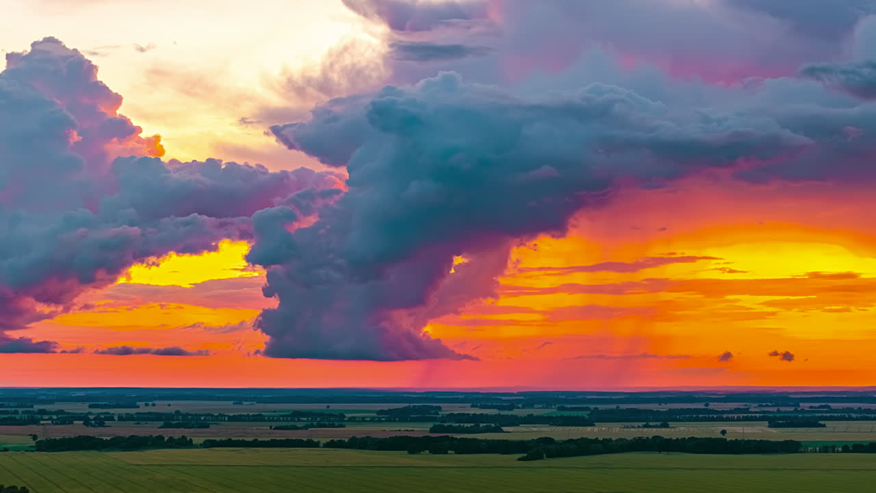 Churning storm clouds dissipate with showers and orange red purple sky above farmland
