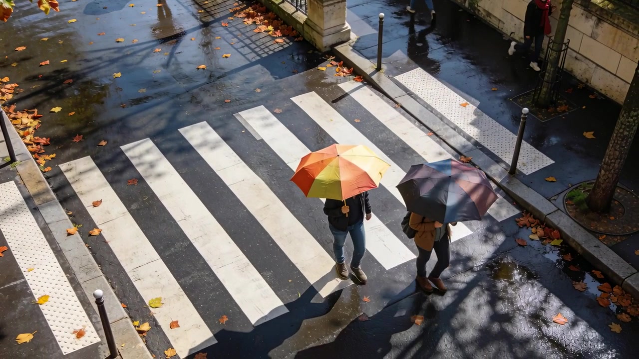 Leaving curb two people walking across zebra crossing with bright and dark umbrellas, jeans to curb