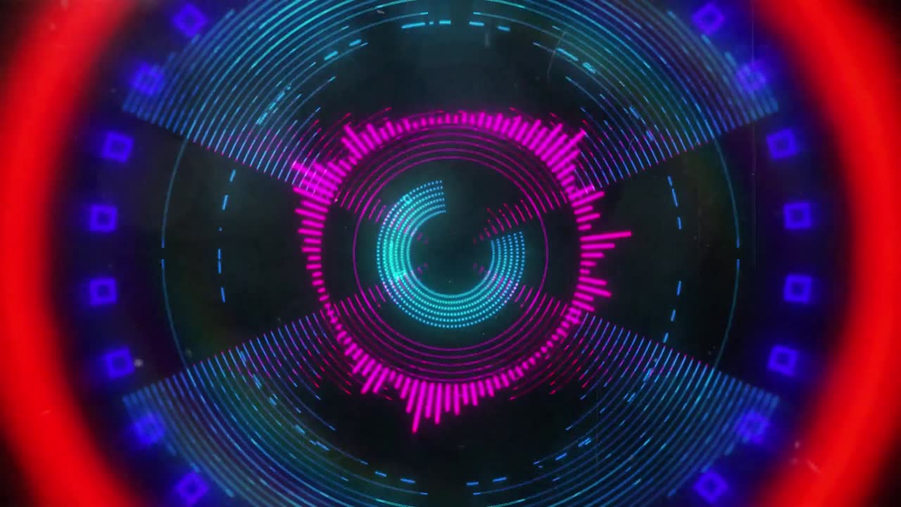 Animation of red, blue and pink glowing pulsating circles moving