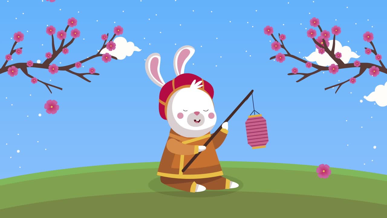 mid autumn animation with rabbit and trees