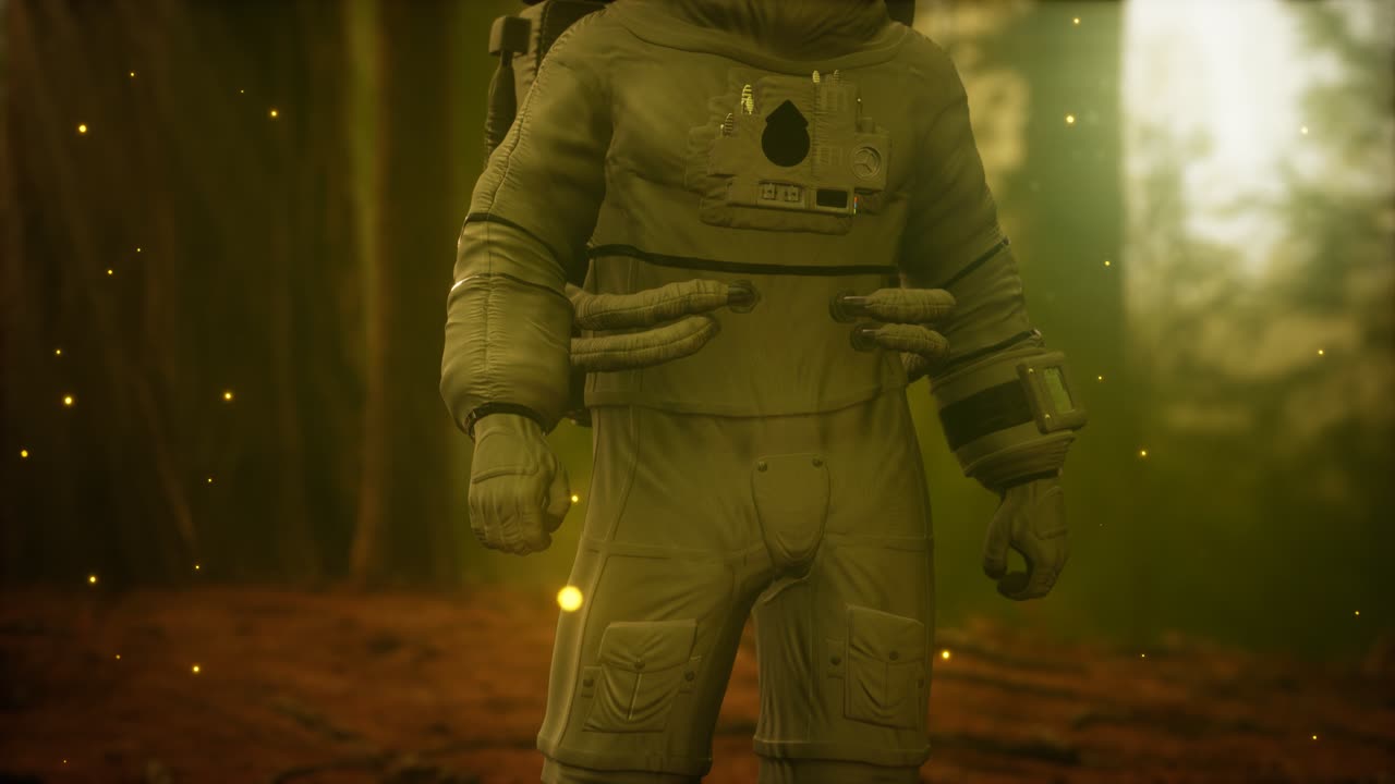 Ensom astronaut i mørk skov