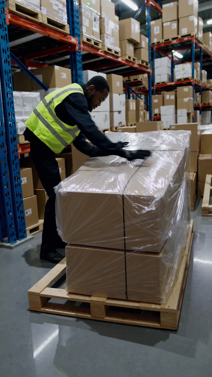 Toma de ángulo alto de trabajadores en un almacén organizando cajas en estantes