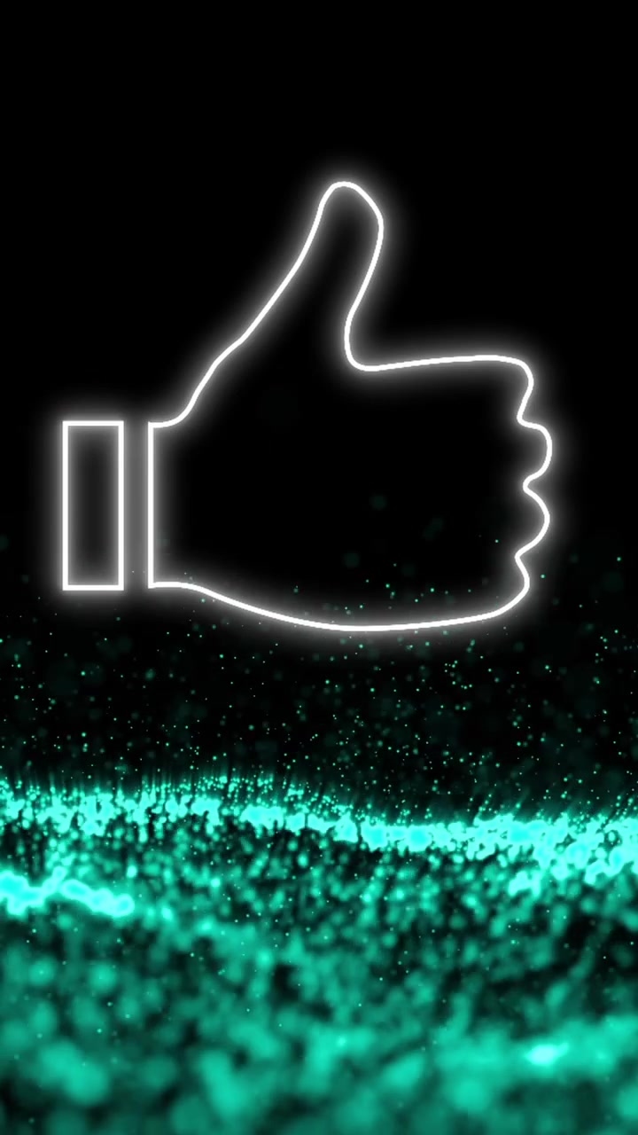 Animazione di icona "pollice in su" luminosa grigia su onda digitale che si muove su sfondo nero