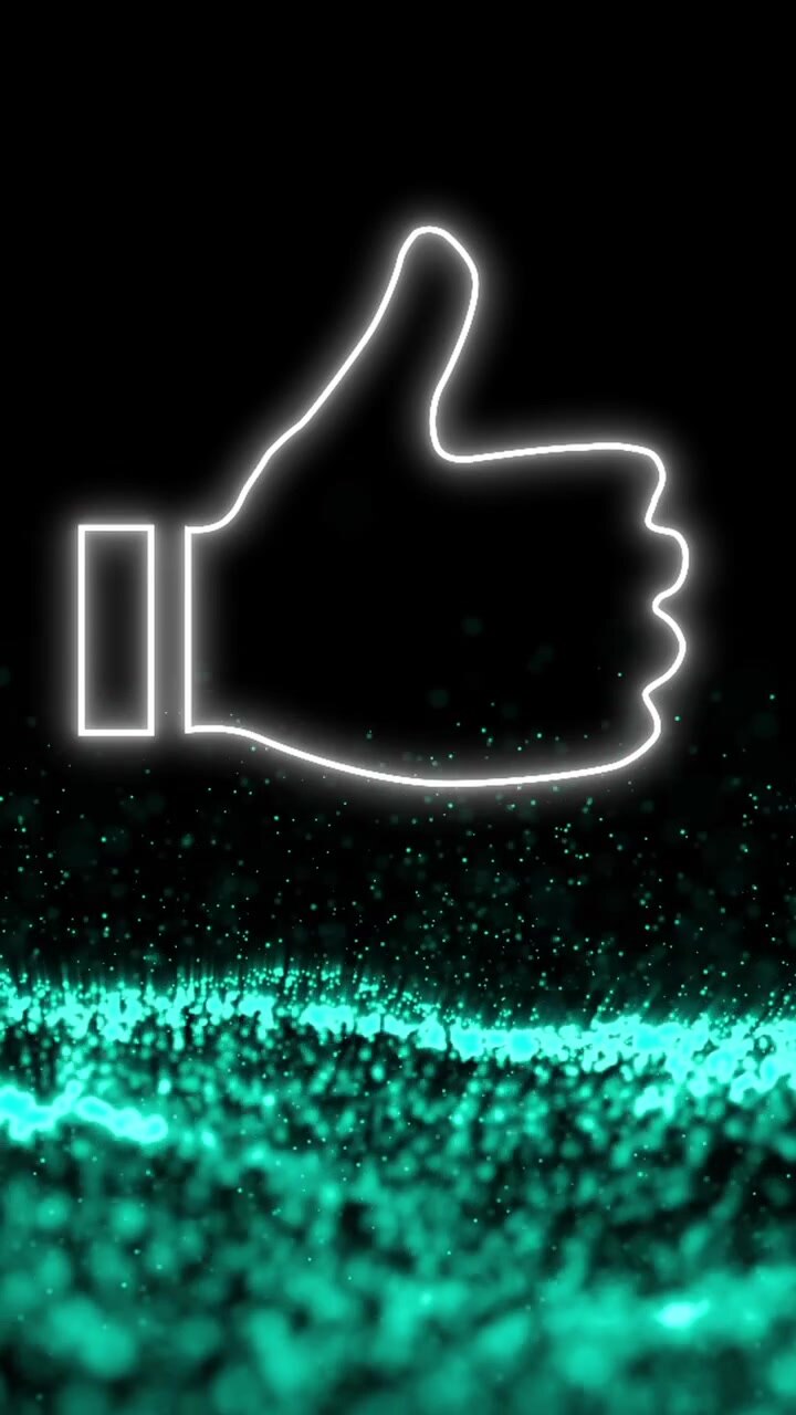 Animazione di icona "pollice in su" luminosa grigia su onda digitale che si muove su sfondo nero