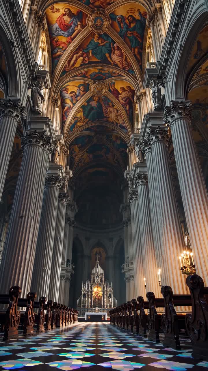 Majestic cathedral interior with ornate ceiling, captured from a low angle, resembling a cinematic