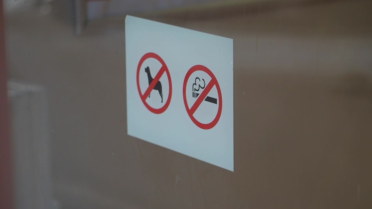 Close-up of No Dogs and No Smoking Prohibition Signs on Glass