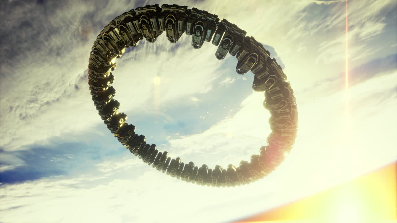 Vortex structure hovering above clouds during sunset with golden sunlight