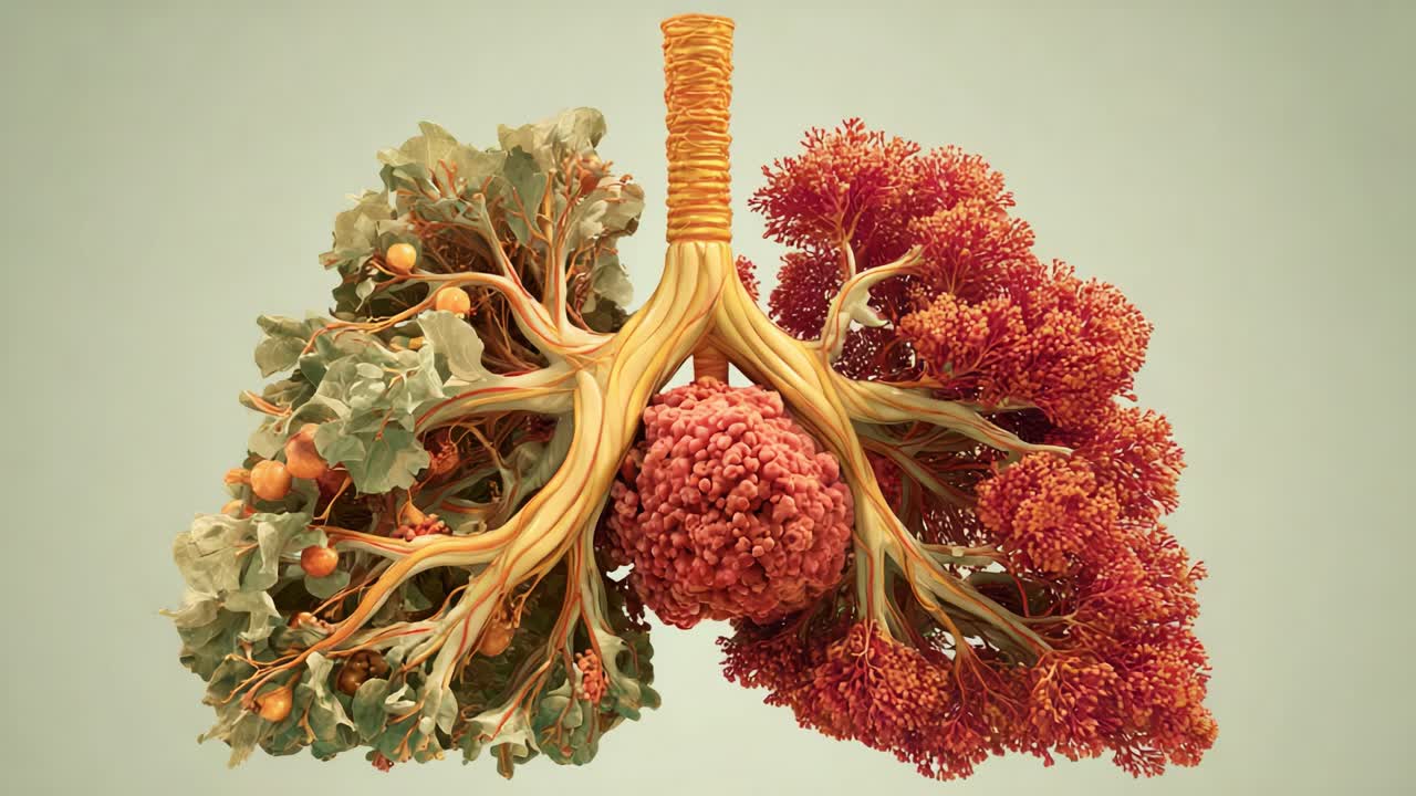 Anatomical Representation of Lungs Showcasing Healthy and Diseased Tissue Variations, Illustrating the Contrast Between Functional and Affected Pulmonary Structures