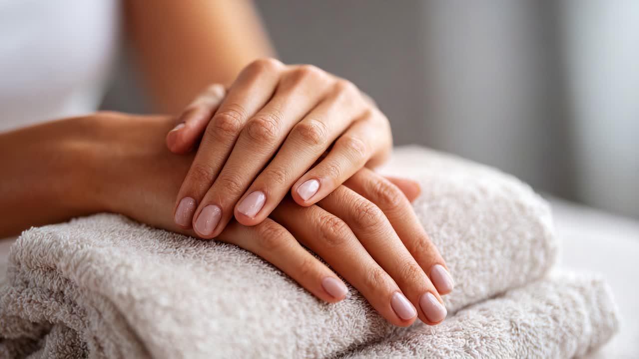 Elegant og avslappende håndpleie på myke håndklær med pent manikyrerte negler i rolige og fredelige omgivelser for en spa-lignende opplevelse