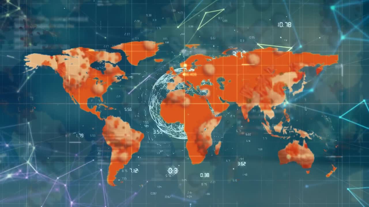 블루 배경 위에 미디어 아이콘과 세계 지도의 애니메이션